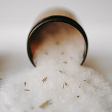Load image into Gallery viewer, Herbal epsom salt bath in an amber jar. It is the reviving blend with eucalyptus leaves, lavender buds and salt dumped out